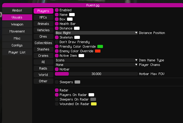 Скриншот чита Fluent для RUST