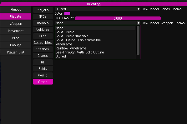 Скриншот чита Fluent для RUST